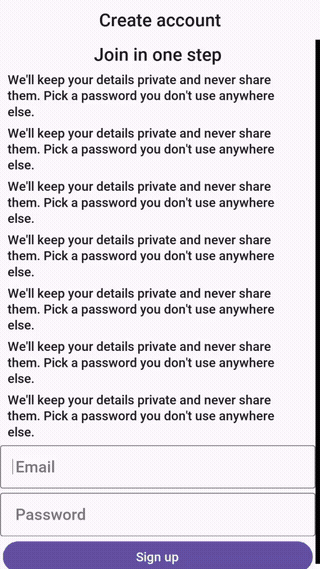 The simulated iOS keyboard sliding up while a sign up form scrolls its email and password fields into view